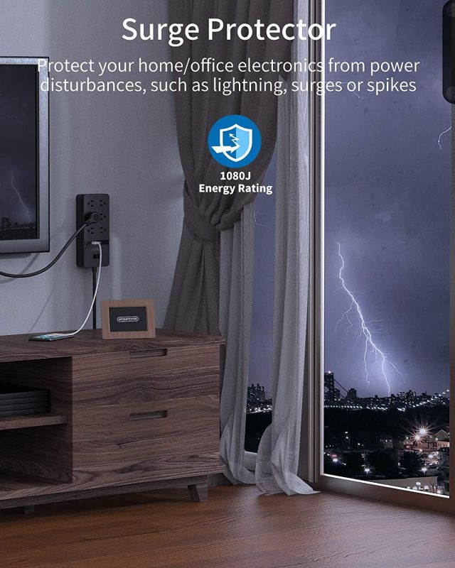 Surge Protector Power Strip with USB - NTONPOWER Flat Plug Extension Cord 5FT, 6 Outlets 2 USB Desktop Charging Station, ETL Listed, 15A Circuit Breaker, Wall Mount for for Home and Office - Black