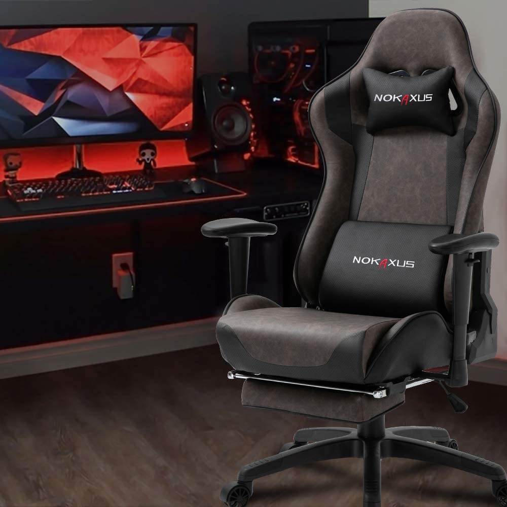 Nokaxus Office Chair Computer Gaming Chair with Massage Lumbar Support and Retractible Footrest PU Leather 90-180 Degree Adjustment of Backrest