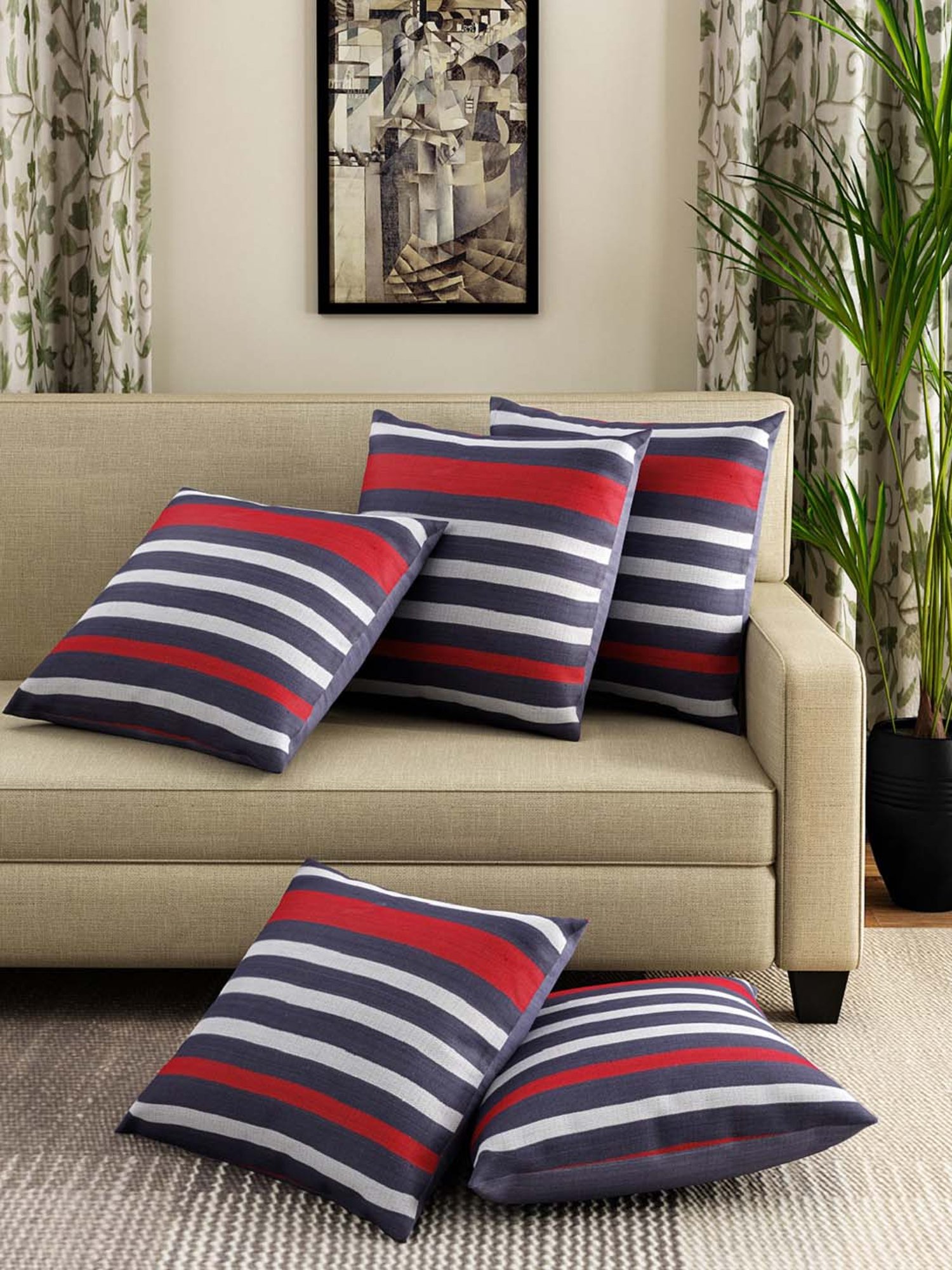 Swayam Red & White Cotton 30 cm x 30 cm Cushion Covers - Set of 5
