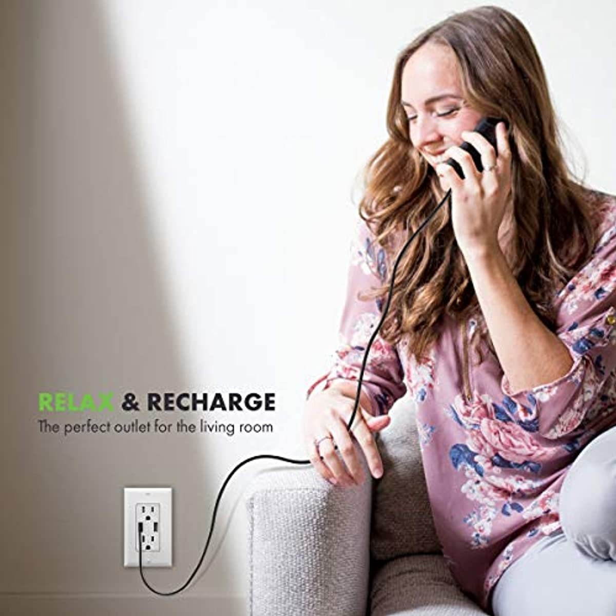 TOPGREENER 4.8A High Speed USB Wall Outlet, 15A Tamper-Resistant Receptacles, Compatible with iPhone XS/MAX/XR/X, Samsung Galaxy S9/S8, LG, HTC & Other Smartphones, UL Listed, TU21548A, 2 Pack, White