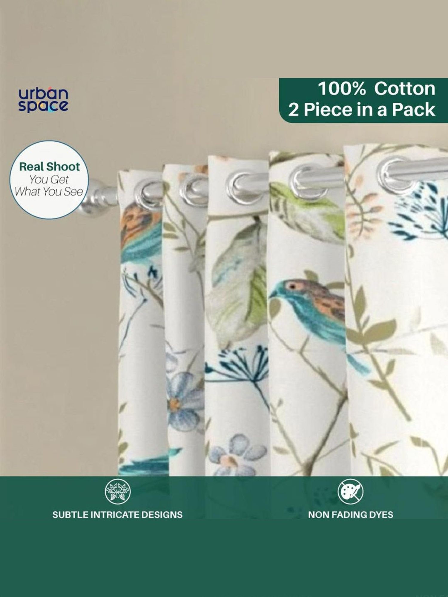 Urban Space Printed Multicolor Cotton 5 ft Window Curtains - Set of 2