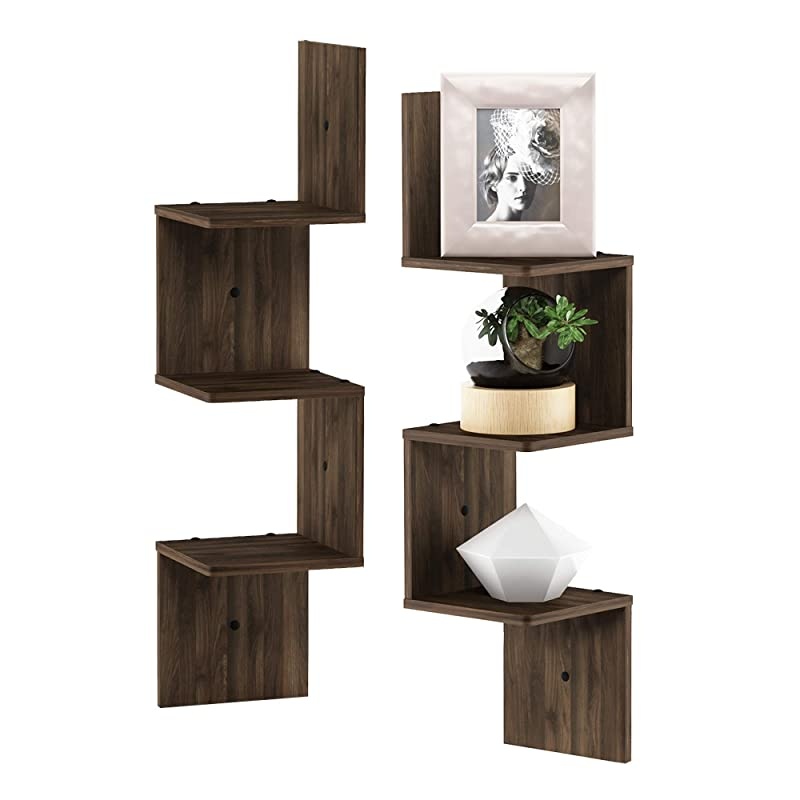 Rossi 3-Tier Set of 2 Wall Mount Floating Corner Square Shelf, Columbia Walnut