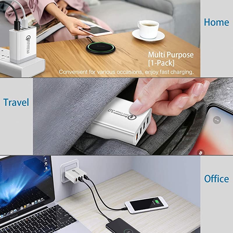 Fast Charge 3.0, Portable USB Wall Charger,  4Ports USB Wall Charger Adapter [3.0+3.1A] Compatible with Wireless Charger, Samsung Galaxy S9 S8/Note 8 9, iPhone, Pad and More