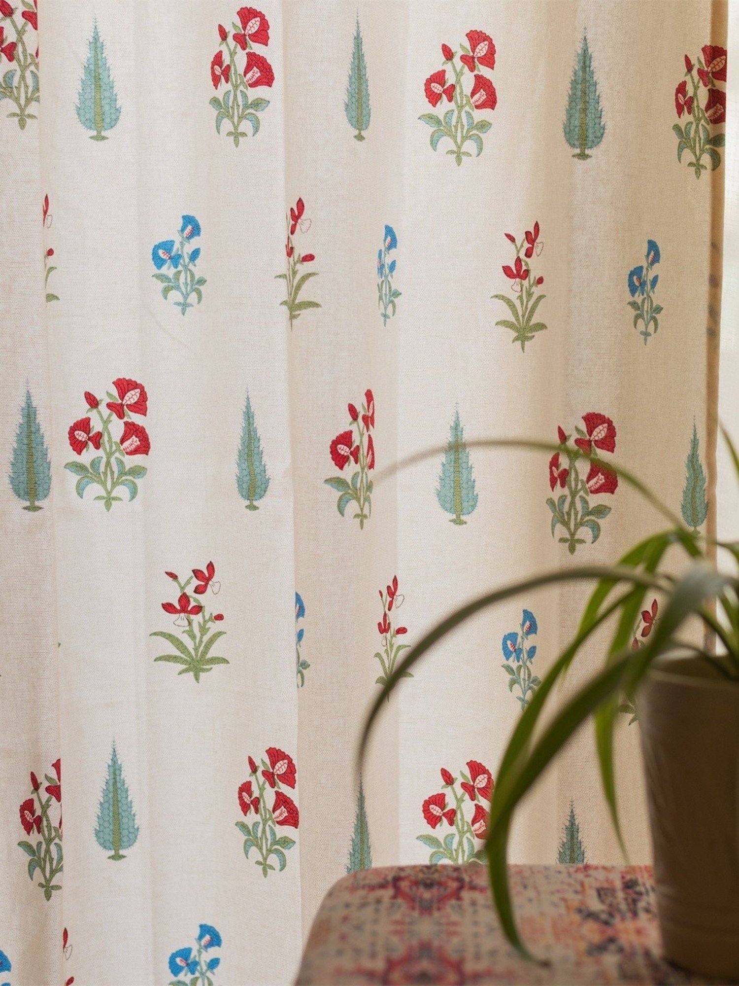 Urban Space Floral Red & White Cotton 5 ft Window Curtains - Set of 2