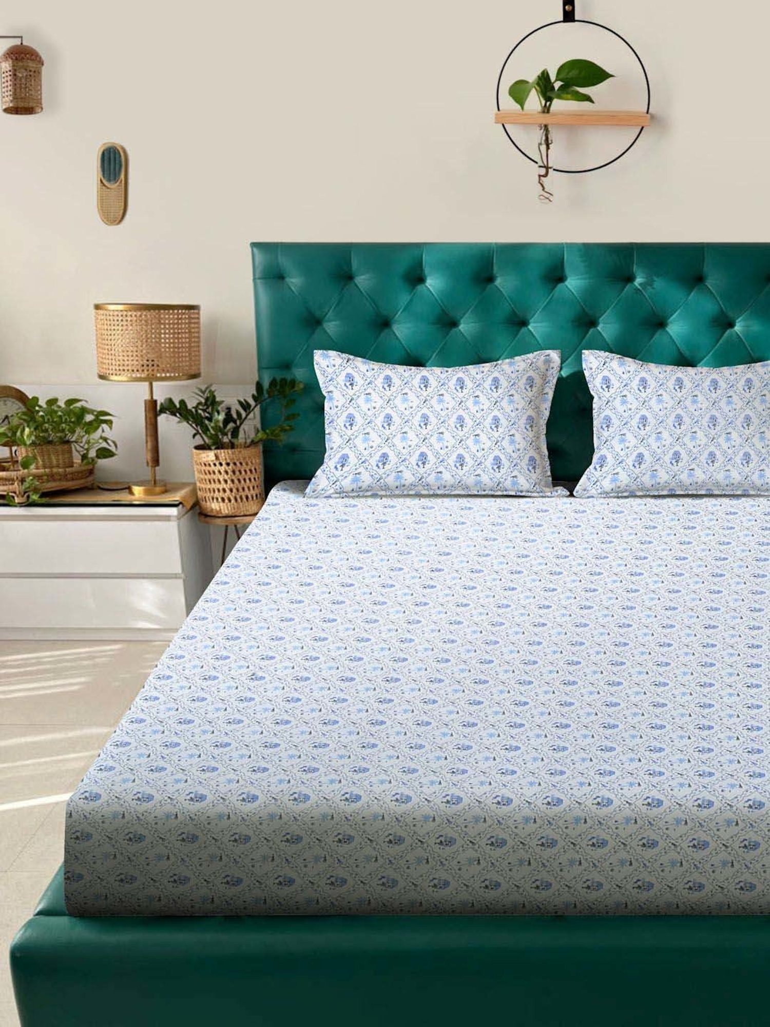 Klotthe Blue 300 TC Polycotton Double Elastic Book Fold Bedsheet with 2 Pillow Covers