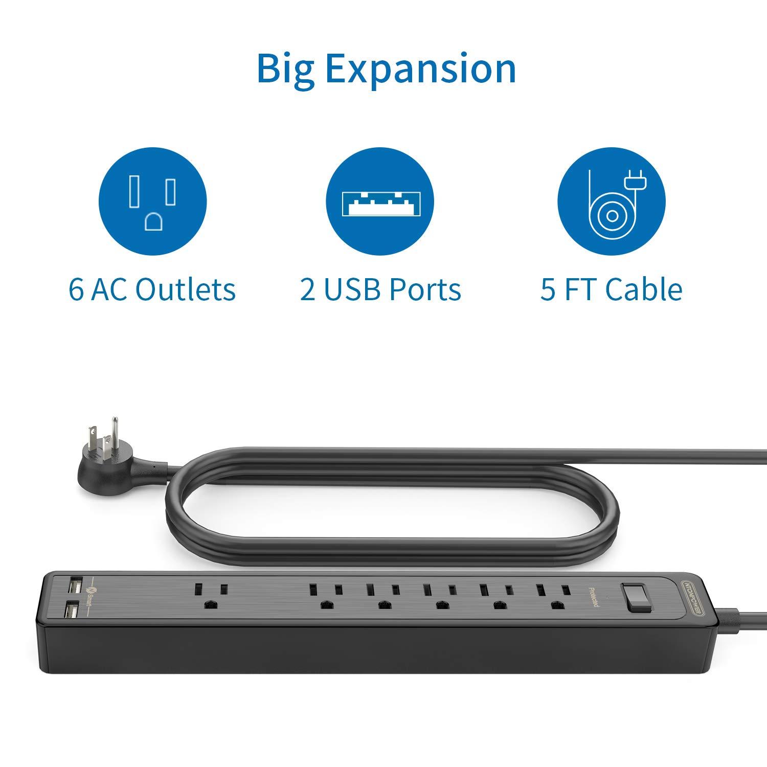 6 Outlets Surge Protector Power Strip with 2 USB Ports, 1875W Flat Plug Power Strip, 5ft Heavy-Duty Extension Cord, Widely Spaced Outlet, Wall Mount for Office Home Theater Workshop, Black, 500 J