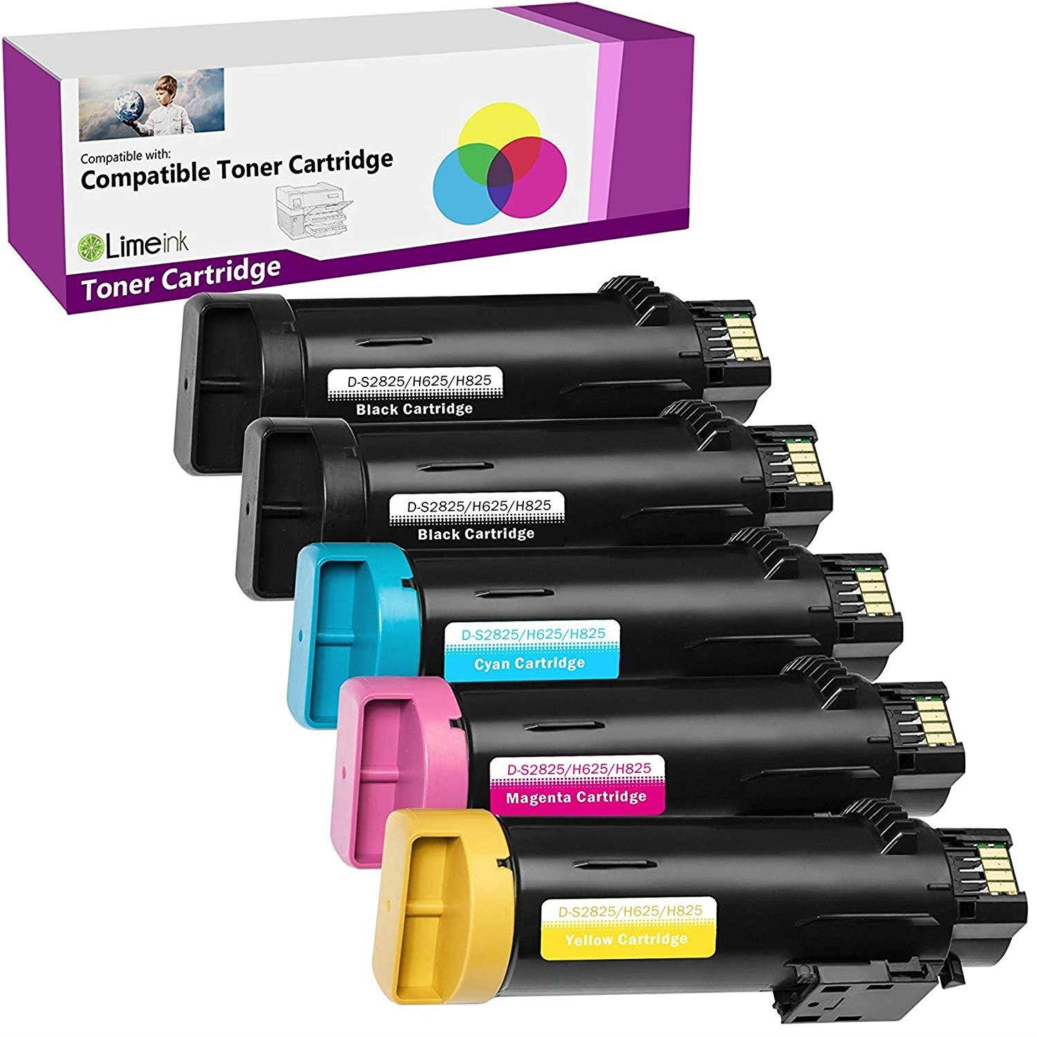 Limeink 5 Pack Compatible Replacement Cartridges for Dell H625cdw H825cdw S2825cdn High Yield Laser Toner Cartridges For Smart Color Printers H625 H825 s2825 Ink (2 Black, 1 Cyan, 1 Magenta, 1 Yellow)