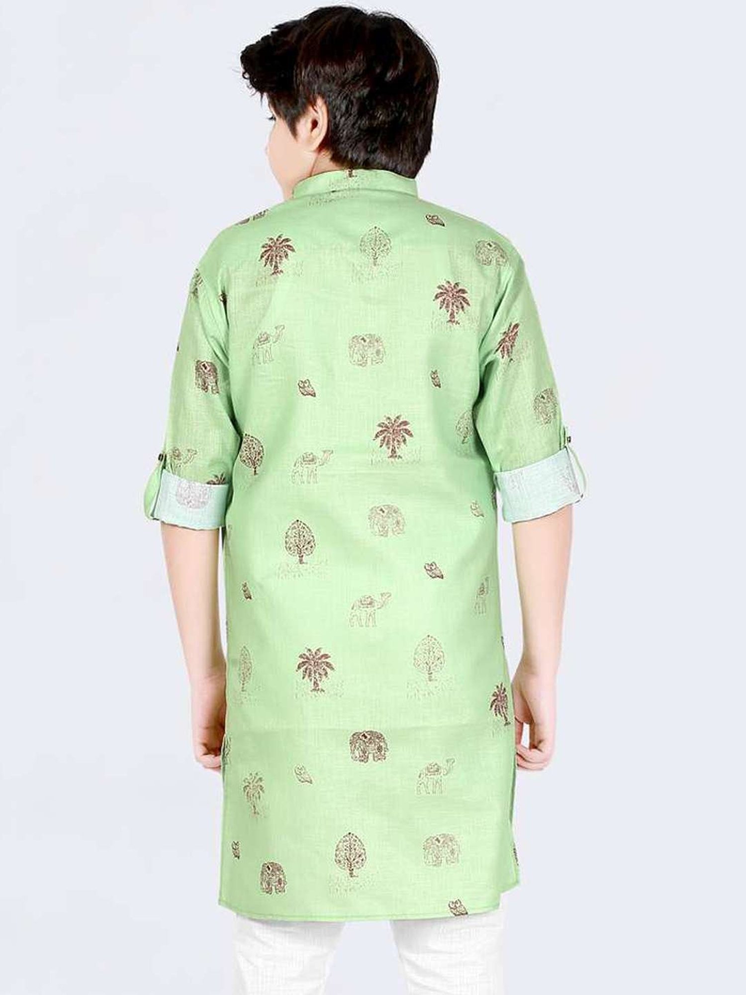 Cavio Kids Green & White Cotton Printed Full Sleeves Kurta Set