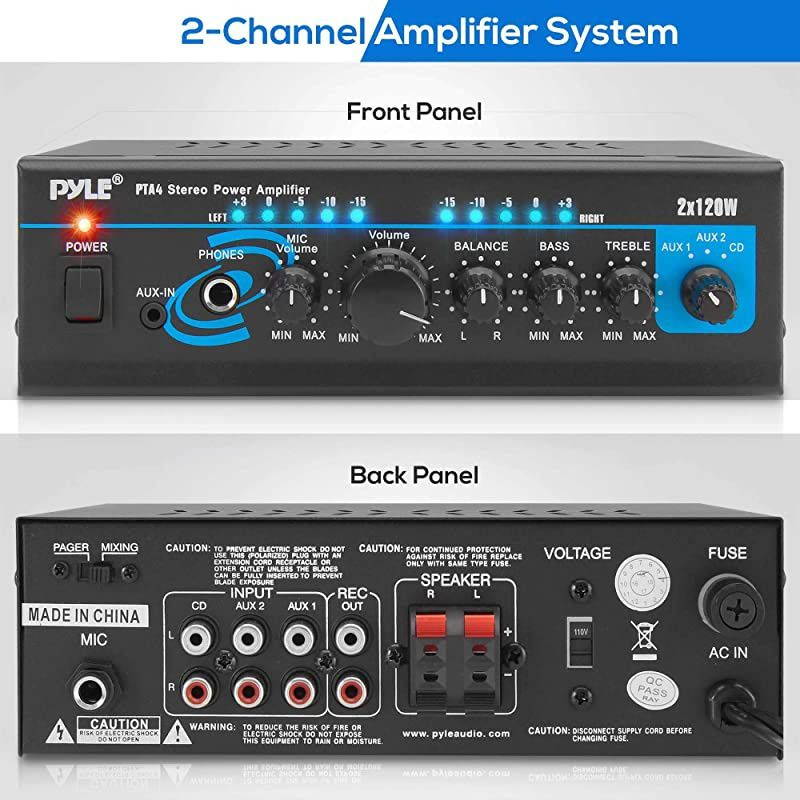 Home Audio Power Amplifier System 2X120W Mini Dual Channel Mixer Sound Stereo Receiver Box w RCA AUX Mic Input For Amplified Speakers PA CD Player Theater Studio Use  PTA4