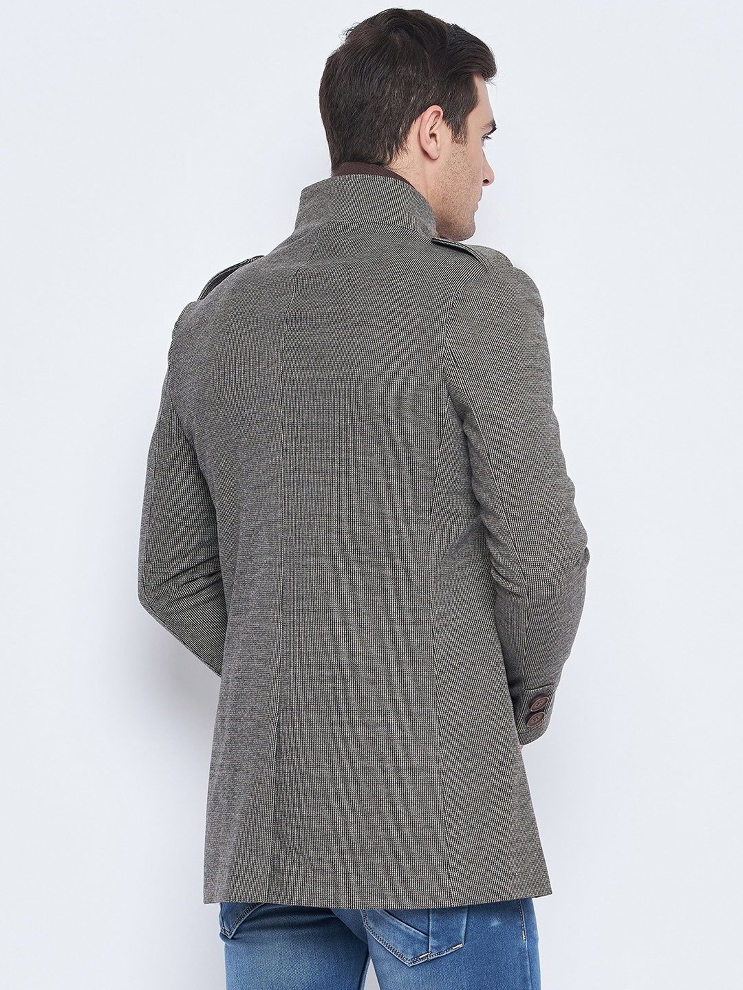 Camla Coffee Brown Regular Fit Mock Collar Textured Overcoat