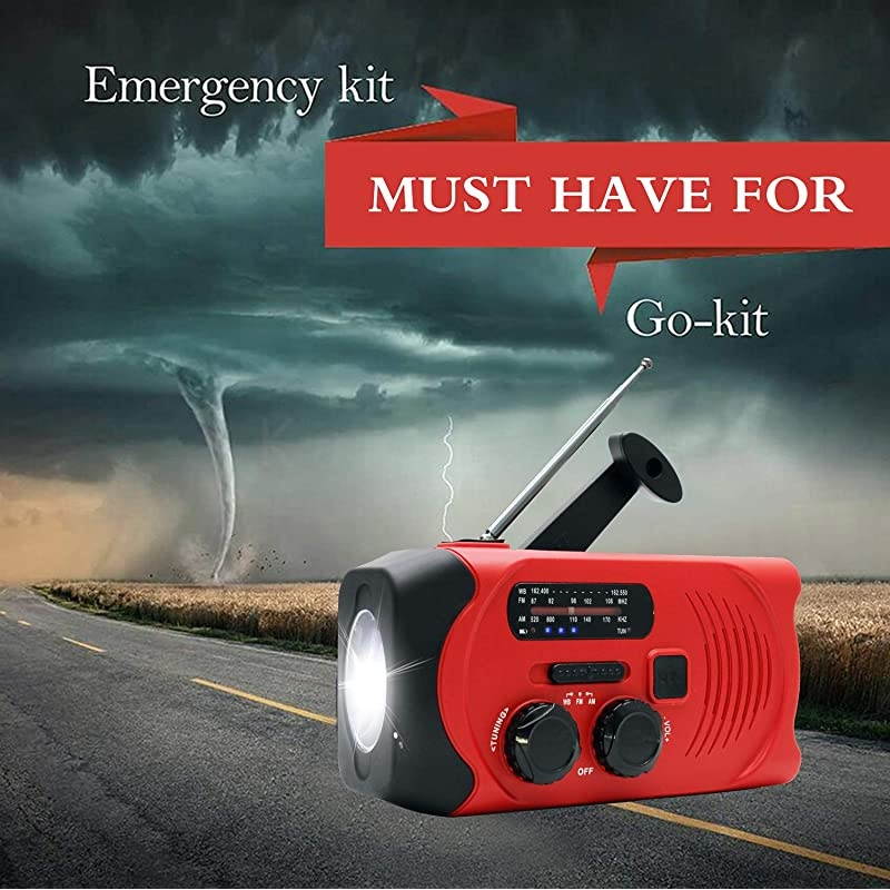 Weather Emergency AMFM Radio for Solar Hand Crank Self Powered Portable Radio with LED Survival FlashlightSOS Alarm2000mAh Power Bank Cell Phone ChargerRed