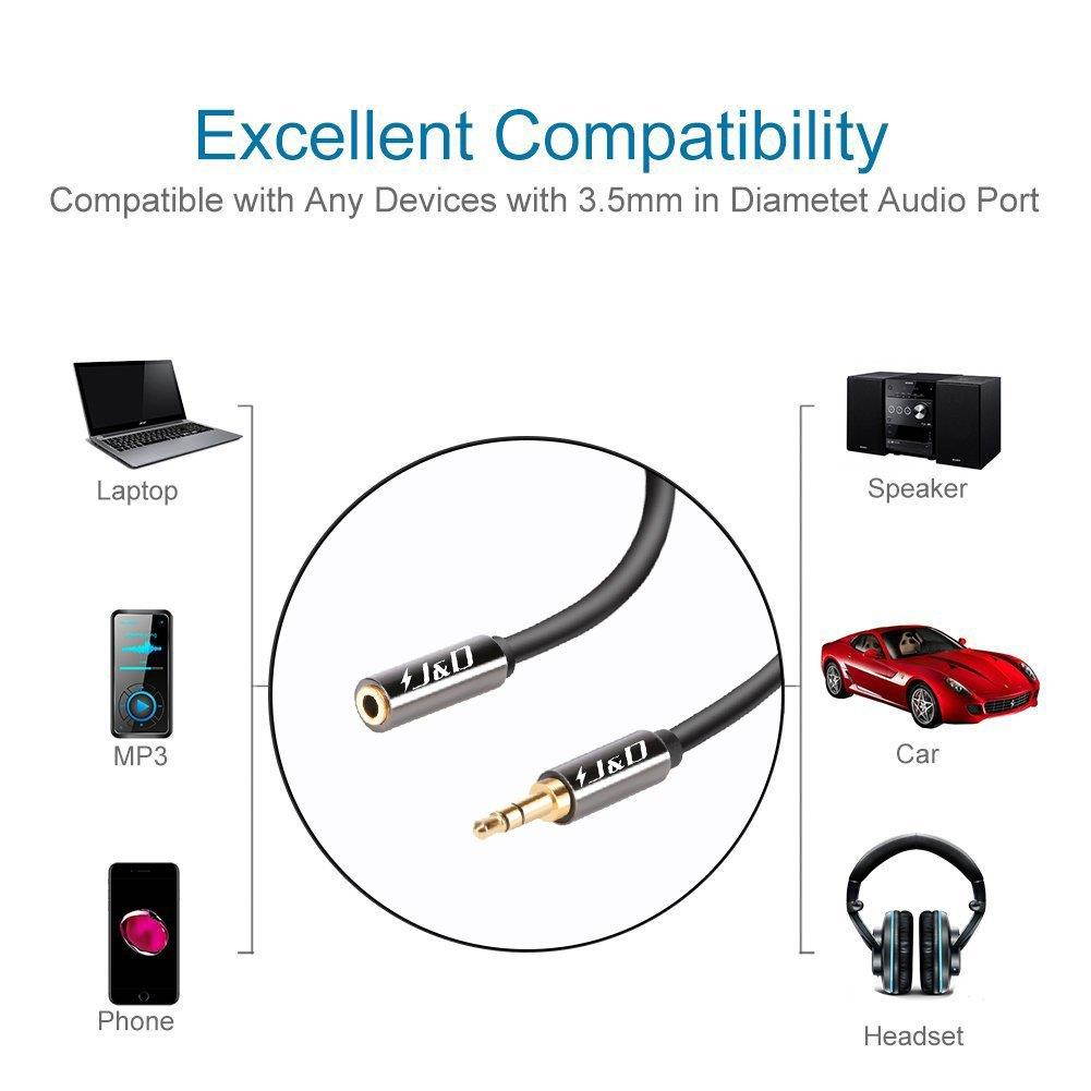 J&D 3.5mm Male to Female Auxiliary Audio Cable, Gold Plated [Copper Shell] [Heavy Duty] 3.5mm 1/8" TRS Male to 3.5mm 1/8" TRS Female Stereo Audio Adapter Cable - 15 Feet