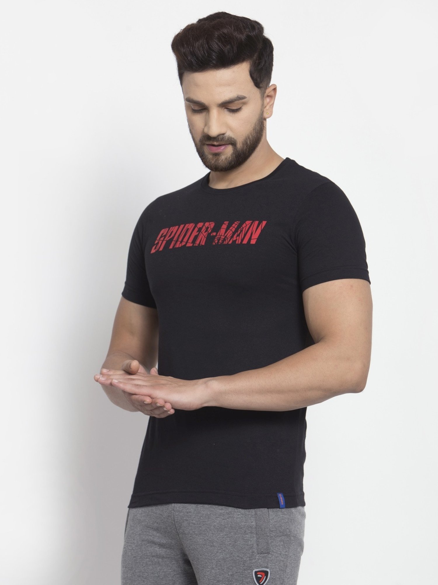 Sporto Black Regular Fit Printed Sports T-Shirt