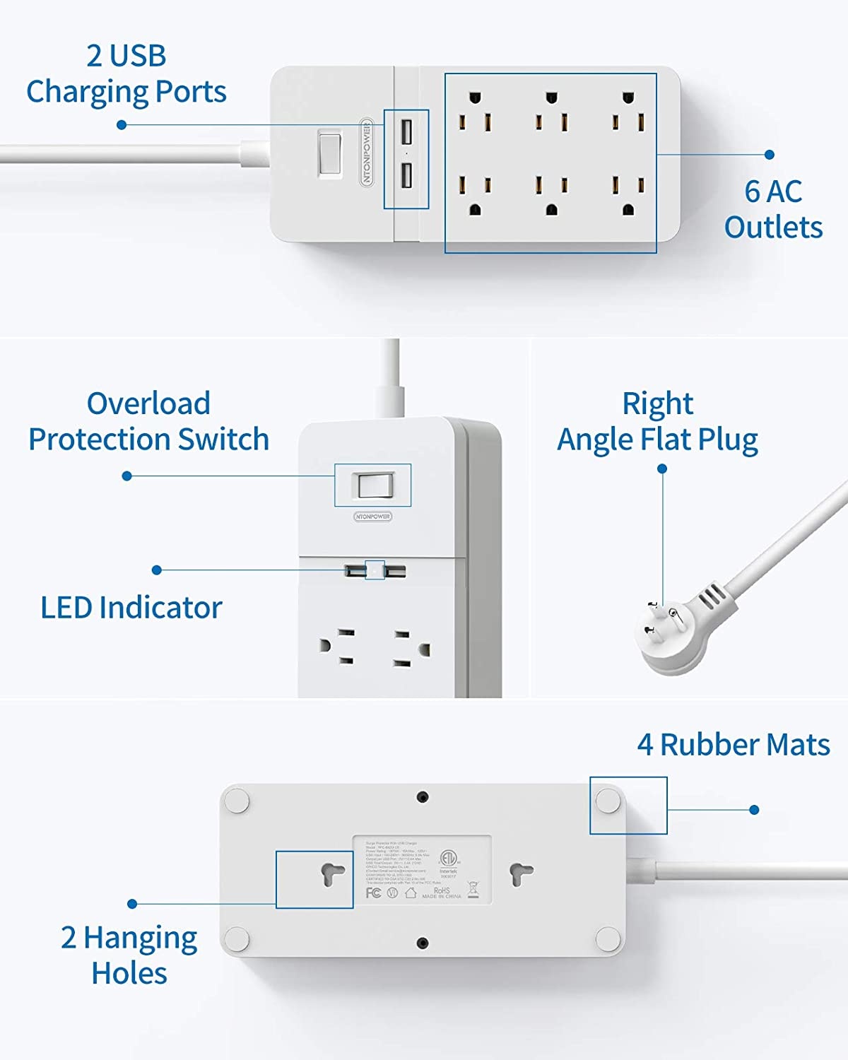 Surge Protector Power Strip with USB - NTONPOWER Flat Plug Extension Cord 5FT, 6 Outlets 2 USB Desktop Charging Station, ETL Listed, 15A Circuit Breaker, Wall Mount for for Home and Office - White