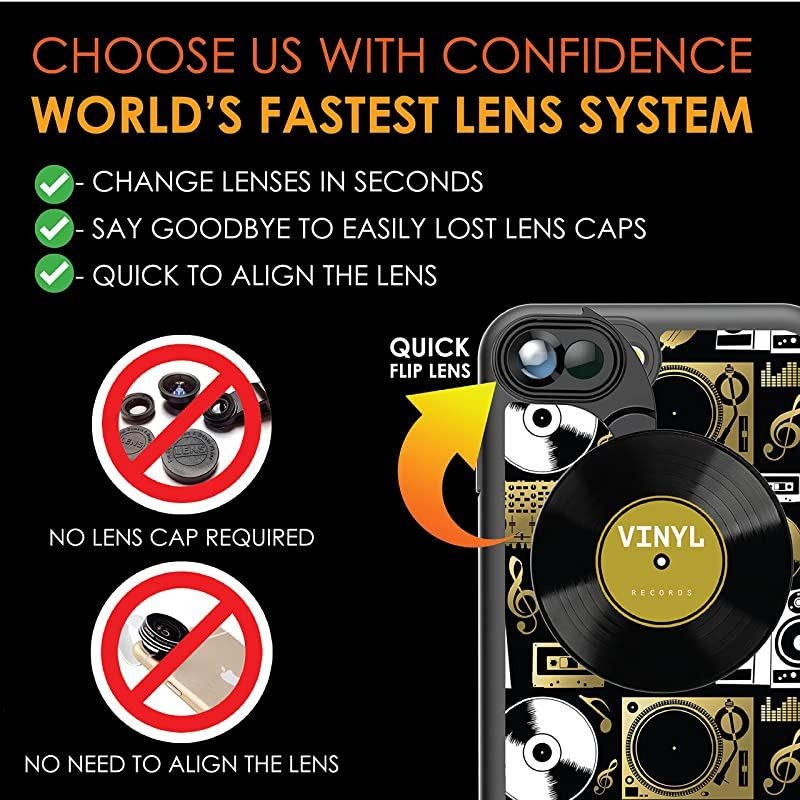 Designer Revolver M Series Camera Kit: 6 in 1 Lens with Case for iPhone 7 Plus / 8 Plus - 2X Telephoto Lens, Macro, Super Macro Lens, Wide Angle Lens (Audio Elements)