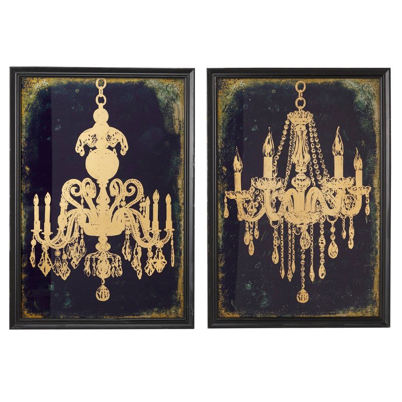 (Set of 2) 19.5" x 28" Large Gold Chandeliers Wall Art on Iron Panels indigo and Metallic - Olivia & May