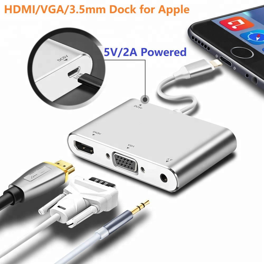 for iPhone iPad Turn HDMI TV Projector VGA 1080p HD Video Adapter with Same Screen, 8 Pin to HDMI + VGA + Audio Adapter for Apple Device, 8Pin to HDMI VGA Audio HUB.