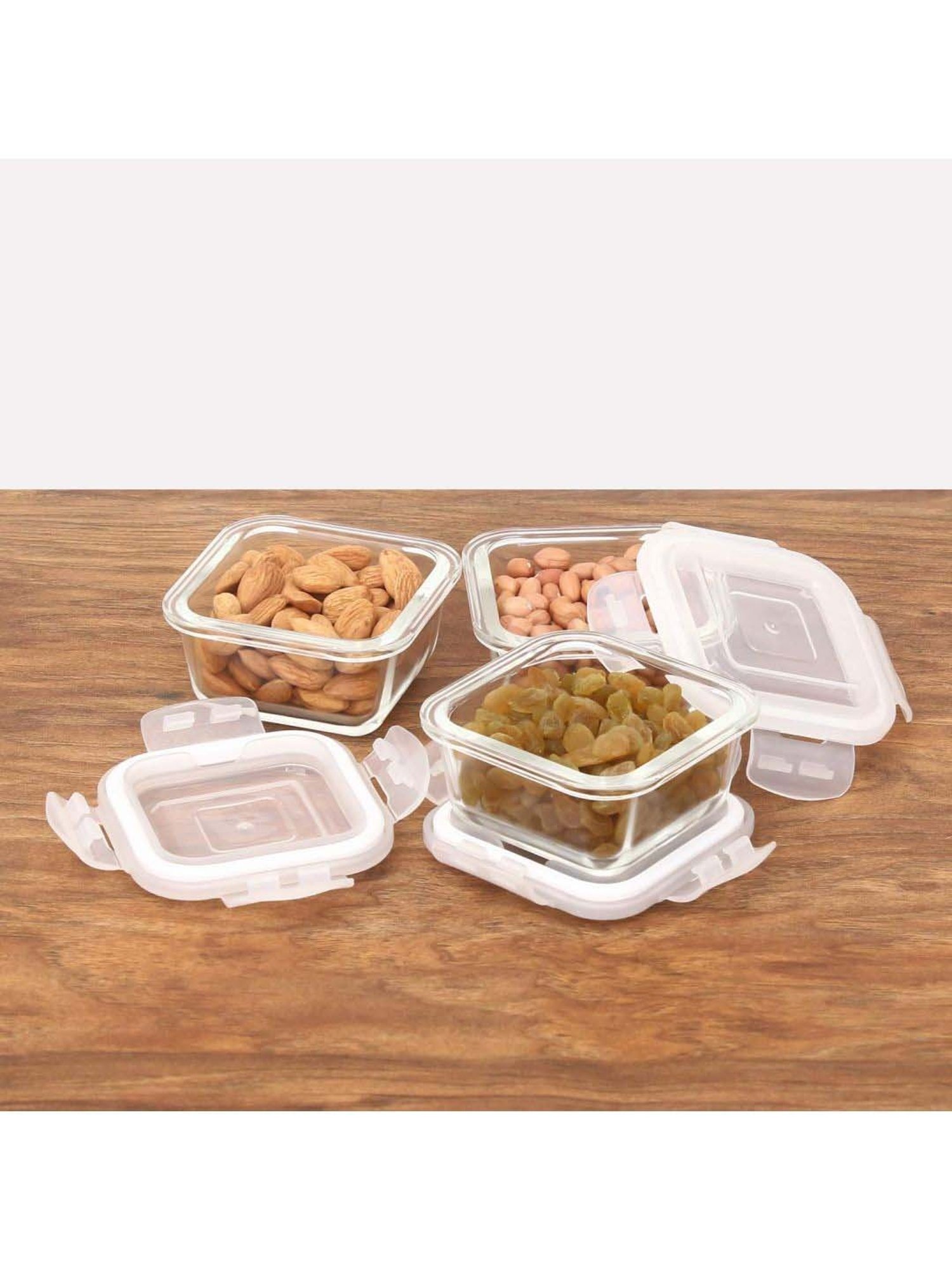 Femora Borosilicate Glass Microwave Safe Square Mini Container with Air Vent Lid (180 ml) - Set of 3