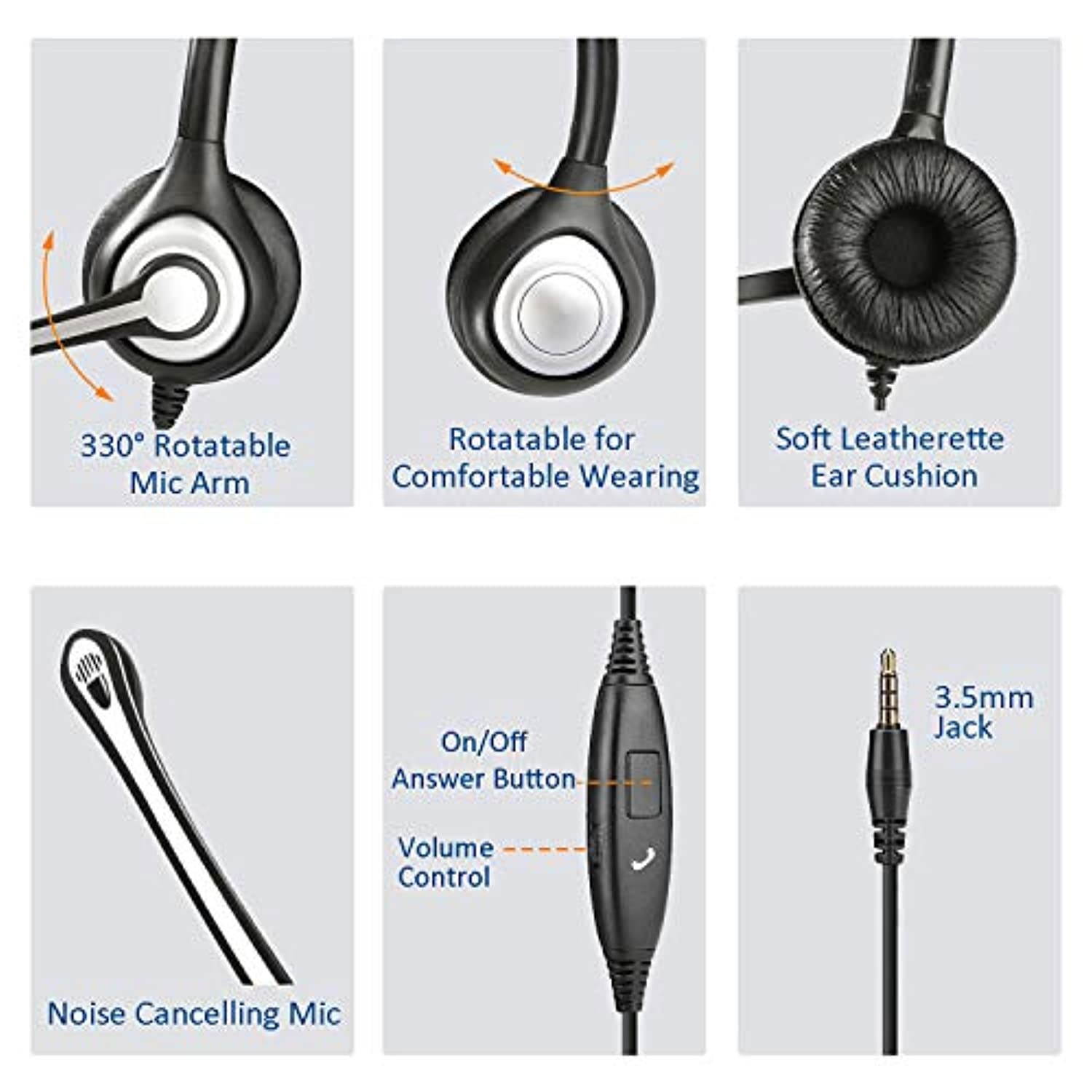 Cell Phone Headset with Microphone Noise Cancelling  and  Call Controls, 3.5mm Computer Headphones for iPhone Samsung PC Business Skype Softphone Call Center Office, Clear Chat, Ultra Comfort (C602M1)