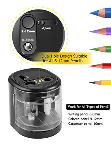 Large Pencil Sharpener, Pencil Sharpener Large Hole for Kids, Small Electric Colored Pencil Sharpeners for Artists, 2 Holes, USB/Battery Operated for 6-12mm No.2 Pencils, Eyebrow Pencils, Soft Pencils