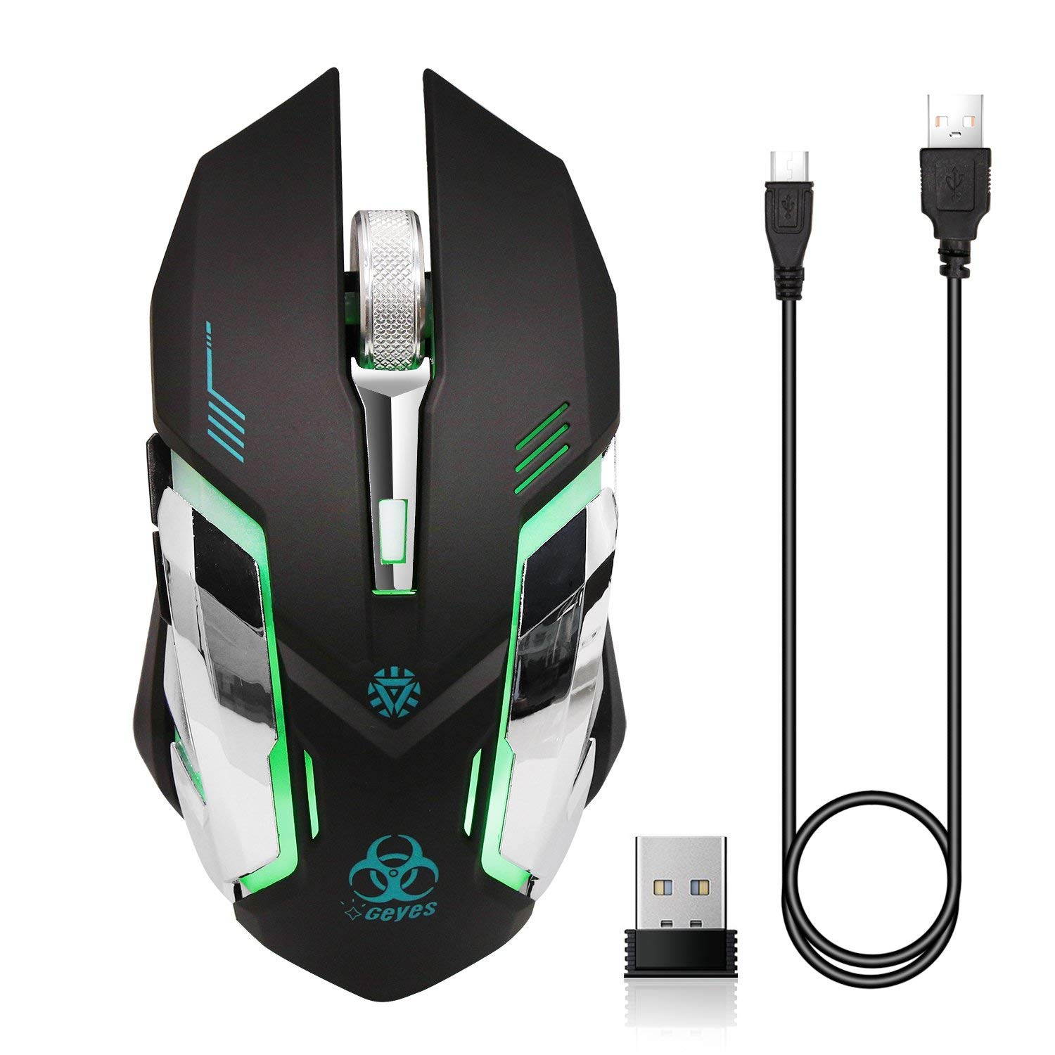 VEGCOO C9s (Updated Version) Wireless Gaming Mouse, Rechargeable Silent Click Mice with Nano Receiver, Changing Breathing Backlit, 3 Adjustable DPI Up to 2400 for Laptop, PC, MacBook (C9s Black)
