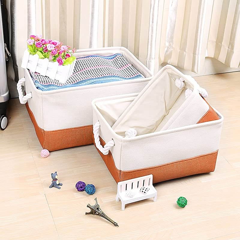 Collapsible Fabric Storage Basket Bins with Dual Handles Foldable Toy Bins for Laundry Clothes Storage Home Organizer for Bedroom Office Closet Shelves Orange+White Medium