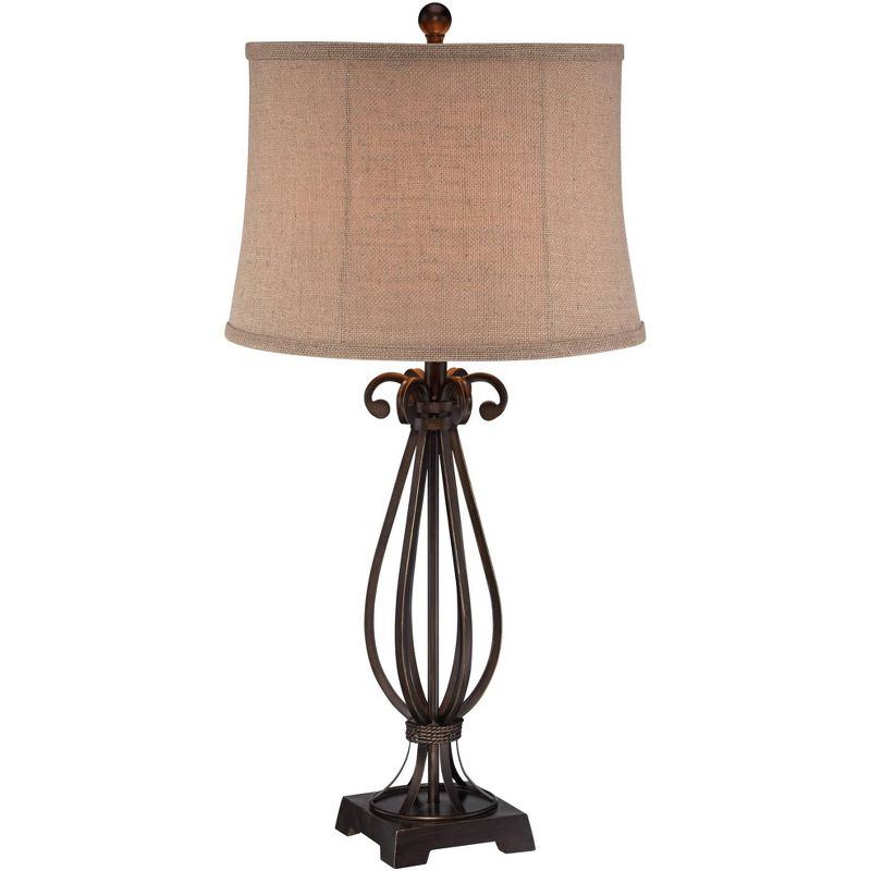 Regency Hill Traditional Table Lamp Iron Open Scroll Base Neutral Burlap Shade for Living Room Family Bedroom Bedside Nightstand