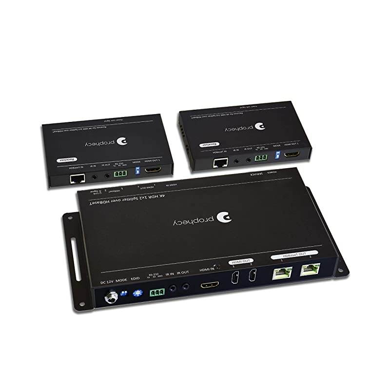 Prohecy 1x2 HDMI 2.0a Extender Splitter HDBaseT 4K 60Hz 4:4:4 HDBaseT Over Cat5e/6/7 with 2 Loopouts & Auto Downscaling, 60m/198ft @1080p, 35m/114ft @UHD, HDR, 18Gbps, PoC, Dual IR, RS-232, 3D