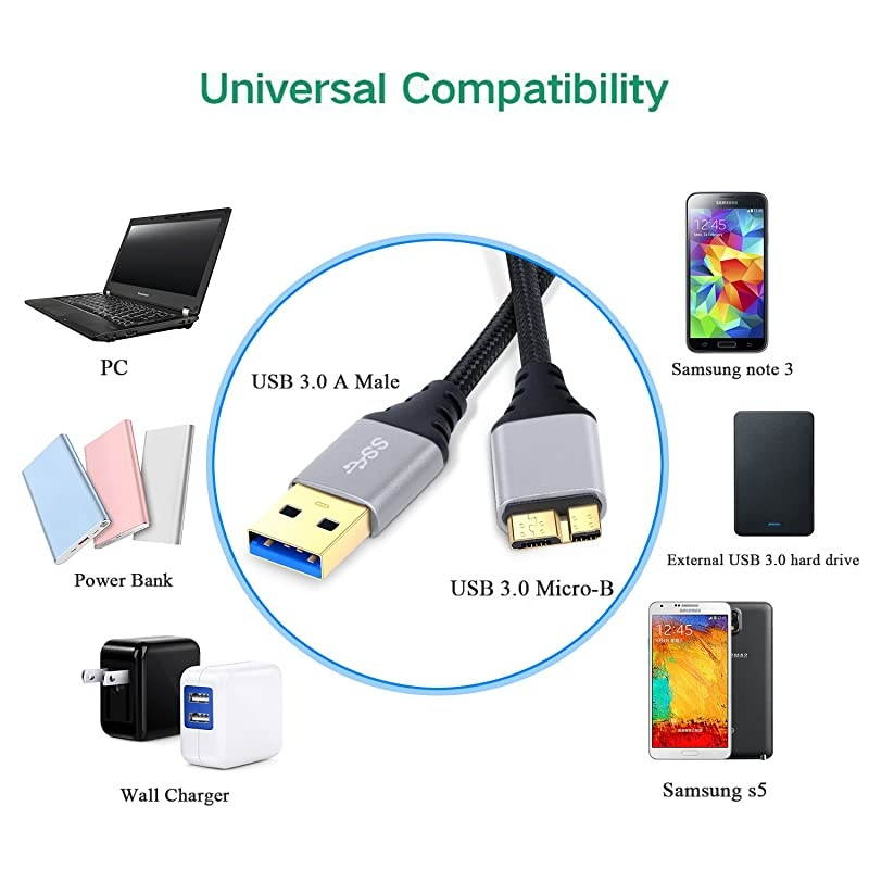 Galaxy S5Note 3 Charger Cable  3Pack Braided 6ft USB 30 Cable Type A to Micro B Fast Data Charger Cable Compatible for Hard Drive Samsung Galaxy S5 Note 3 Camera White