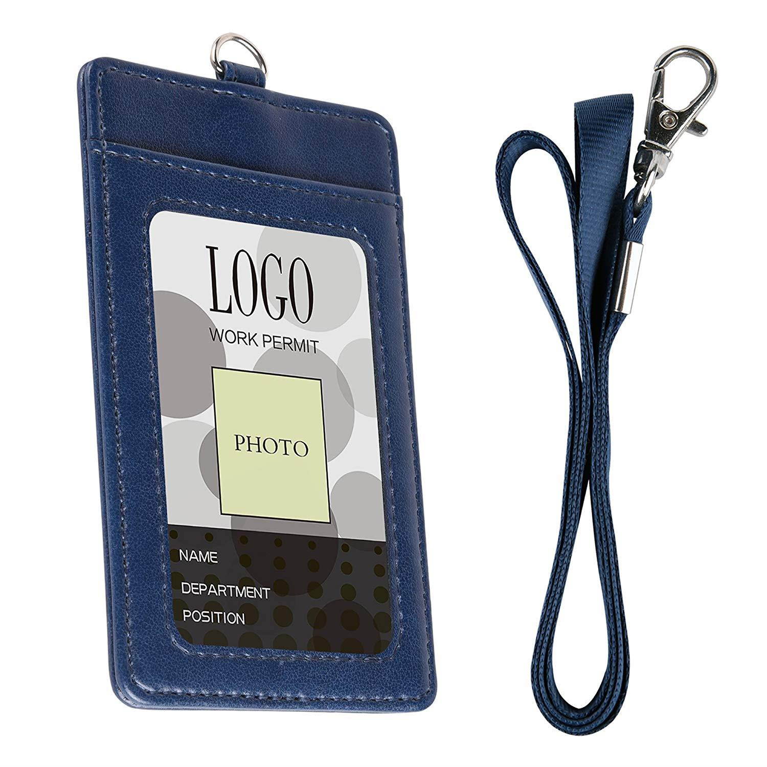 Badge Holder, Arae PU Leather Vertical ID Badge Card Holder with Detachable Lanyard/Strap - Blue