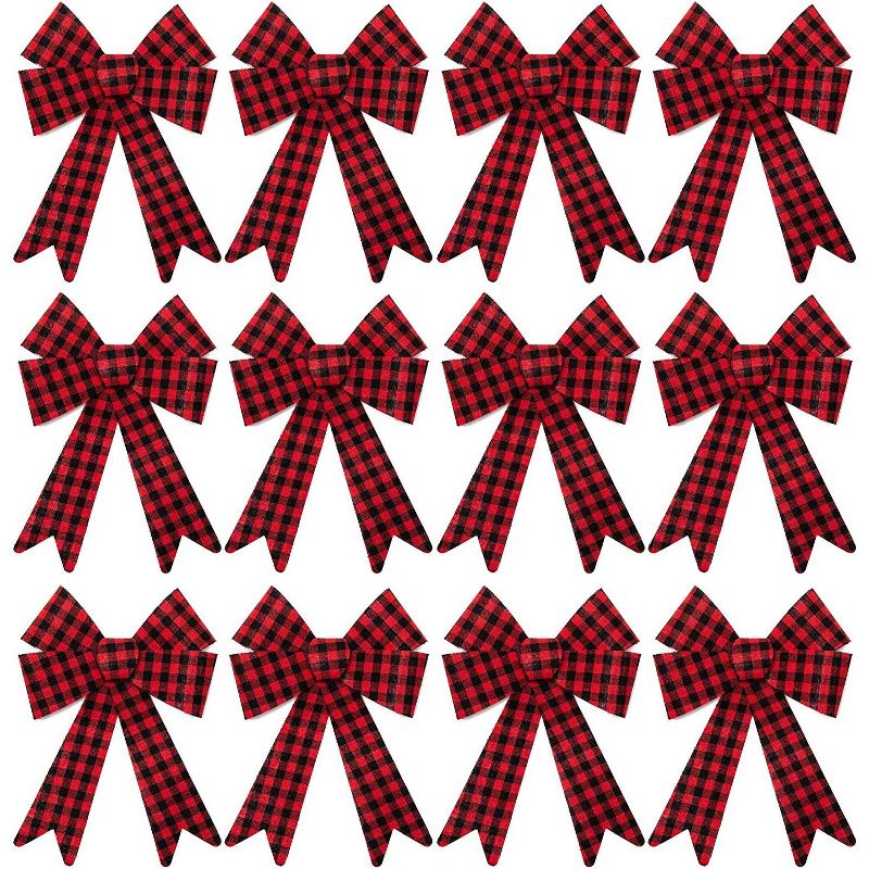 Okuna Outpost 12 Pack Large Red Plaid Bows for Holiday Christmas Trees, Wreathes (9 x 12 in)