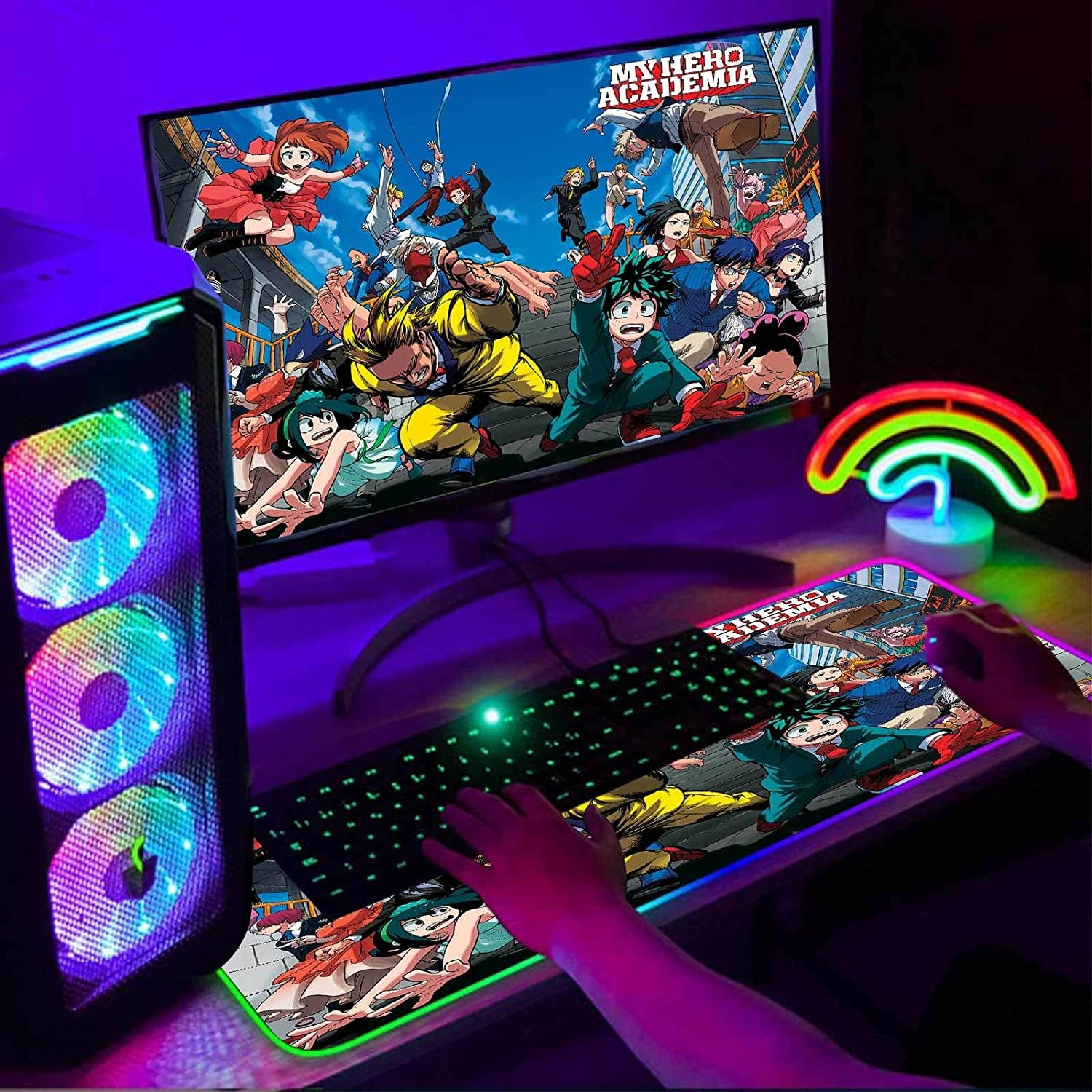 Large RGB Gaming Mouse Pad Anime My Hero Academia Anime Heroes,Mousepad with 12 Lighting Modes & Non-Slip Rubber Base-Laptop Led Desk Pads-Computer Keyboard and Mice Combo Pad Mat 35.4X15.7