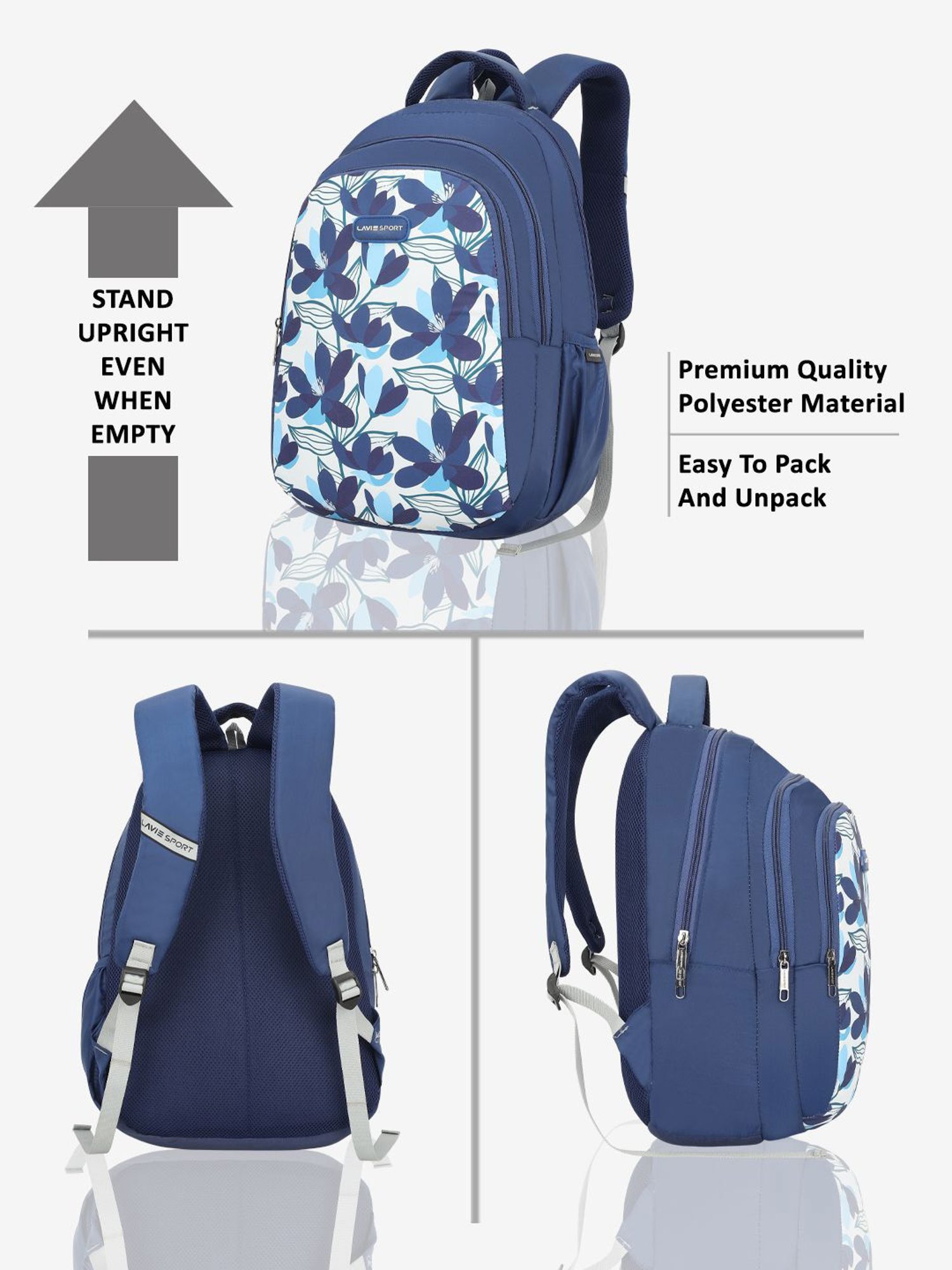 Lavie Sport Carolina Navy Polyester Printed Laptop Backpack - 26 Ltrs