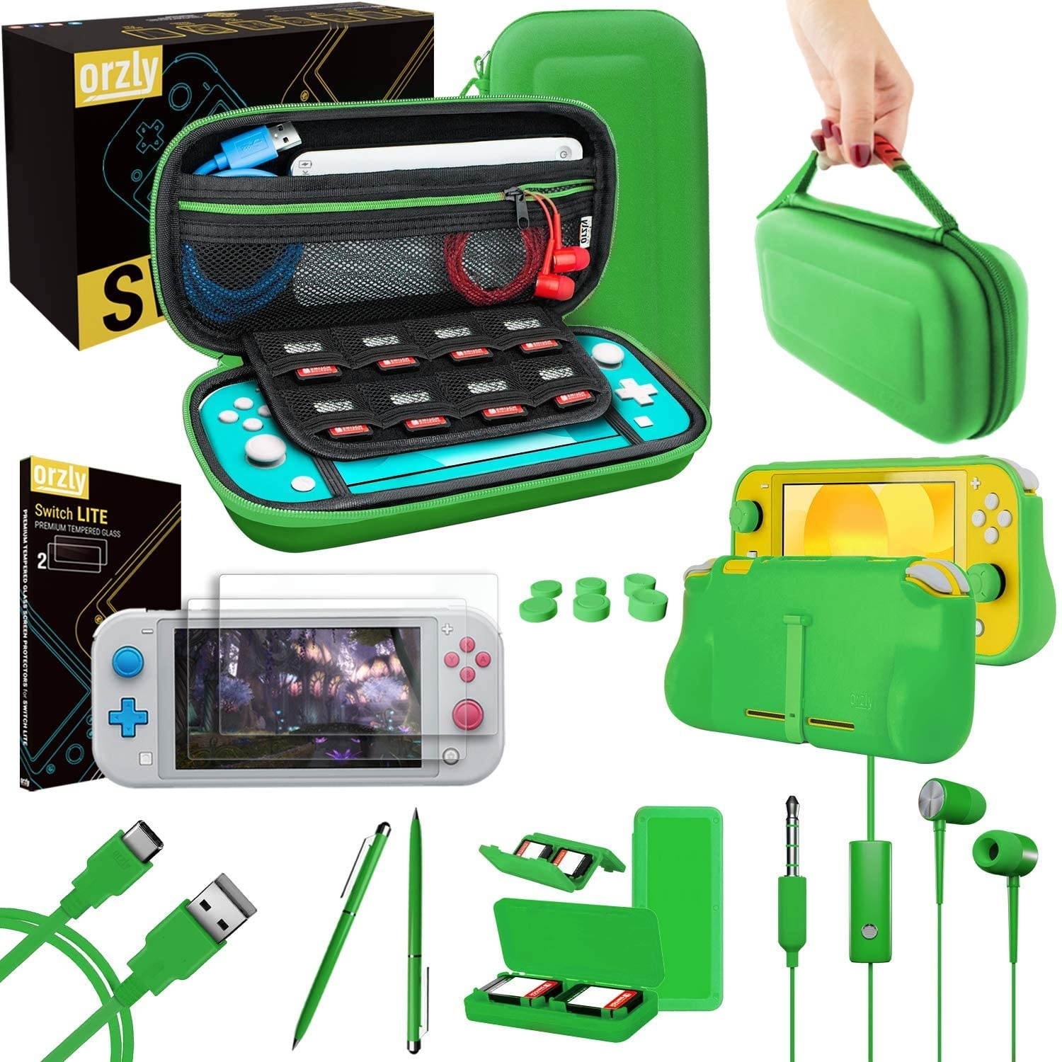 Orzly Switch Lite Accessories Bundle - Case & Screen Protector for Nintendo Switch Lite Console, USB Cable, Games Holder, Comfort Grip Case, Headphones, Thumb-Grip Pack & More - Green