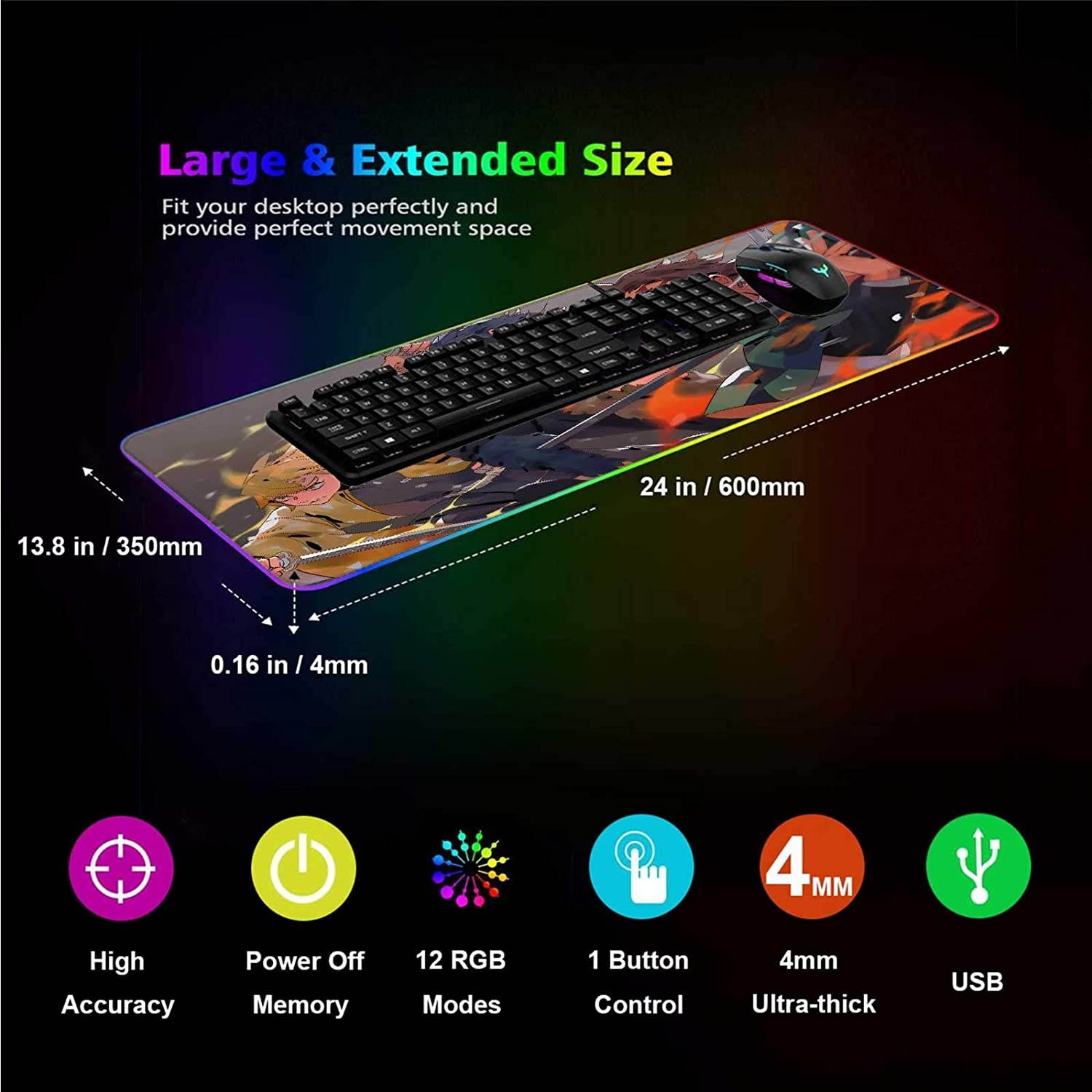 RGB Gaming Mouse Pad Anime Demon Slayer Kimetsu Tanjiro Inosuke Zenitsu,Laptop Desk Pad,Mousepad with Stitched Edge Frame & Non-Slip Rubber Base,Computer Keyboard and Mice Pads Mouse Mat 23.6X13.8