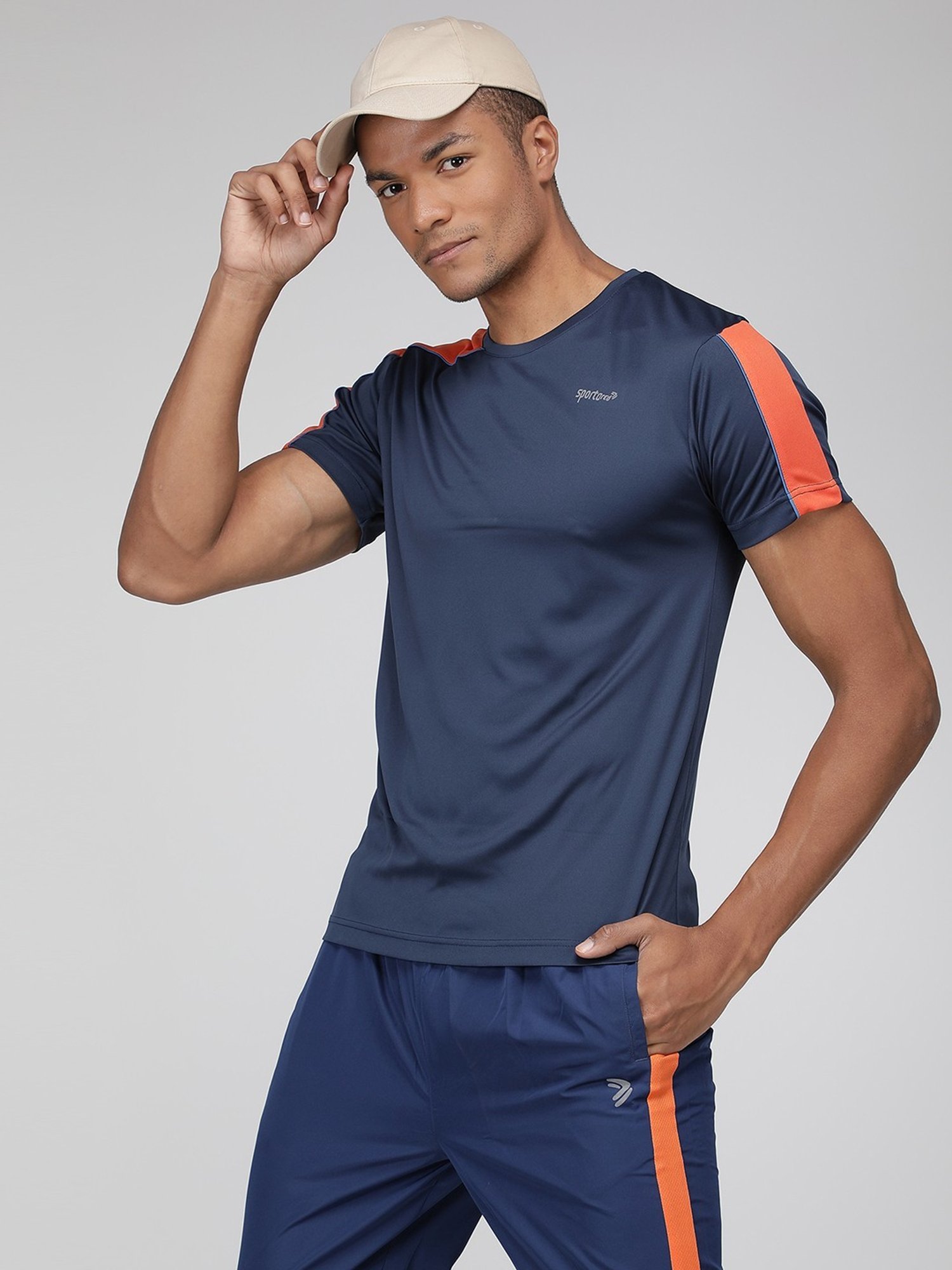 Sporto Navy Regular Fit Colour Block Sports T-Shirt