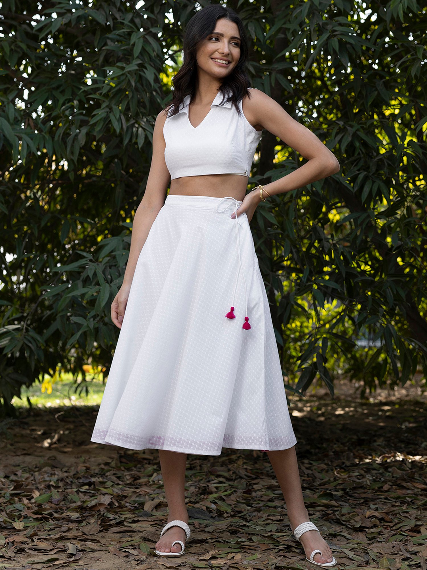 Pink Fort White Flared Midi Skirt