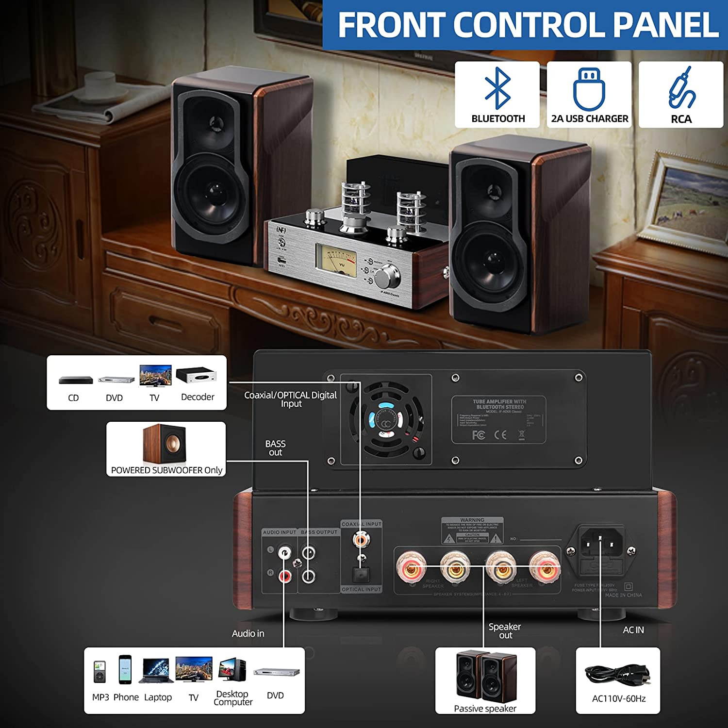 INFI Audio Hybrid Class AB Tube Amplifier Power Amp with Bluetooth, Home Audio HiFi Stereo Classic Integrated Amp, AUX, Bluetooth, USB, Optical, Coaxial