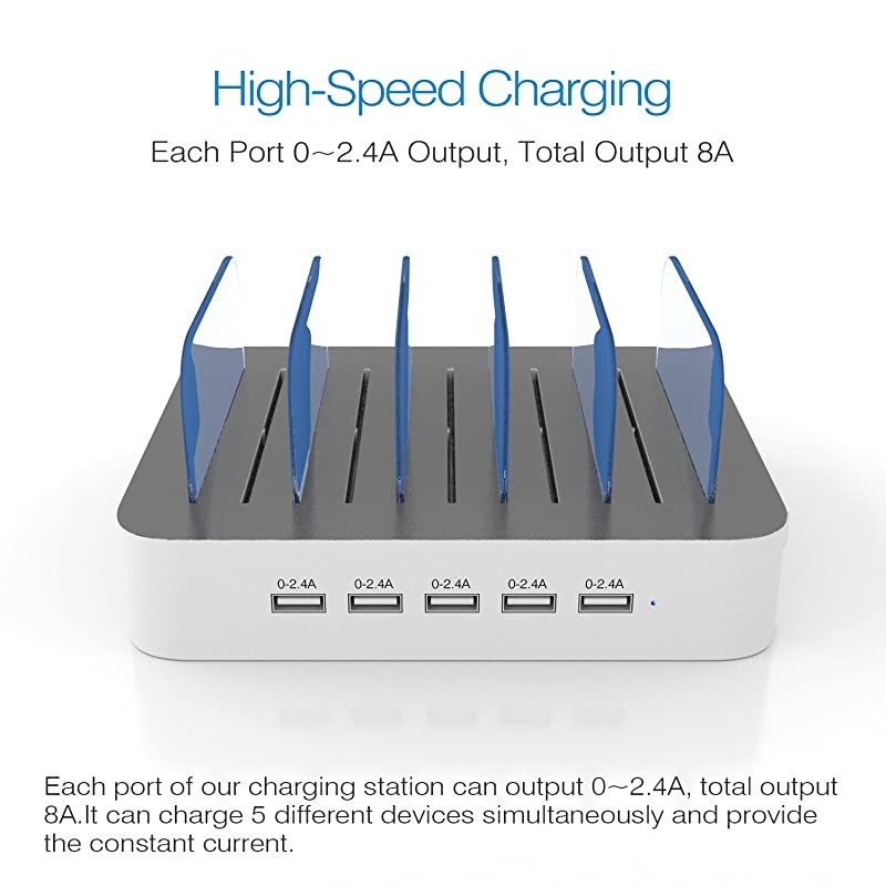 Charging Station for Multiple Devices,  5 Port Multi USB Charger Station with Power Switch Compatible with iPhone, iPad, Cell Phone, Tablets (White, 5 Mixed Short Cables Included)