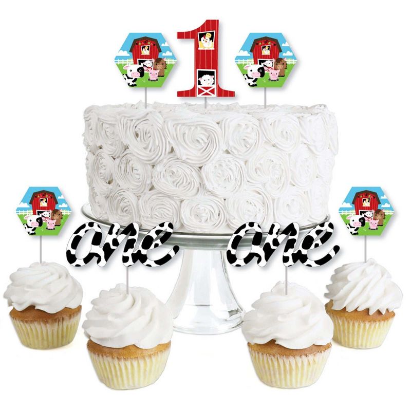Big Dot of Happiness 1st Birthday Farm Animals - Dessert Cupcake Toppers - Barnyard First Birthday Party Clear Treat Picks - Set of 24