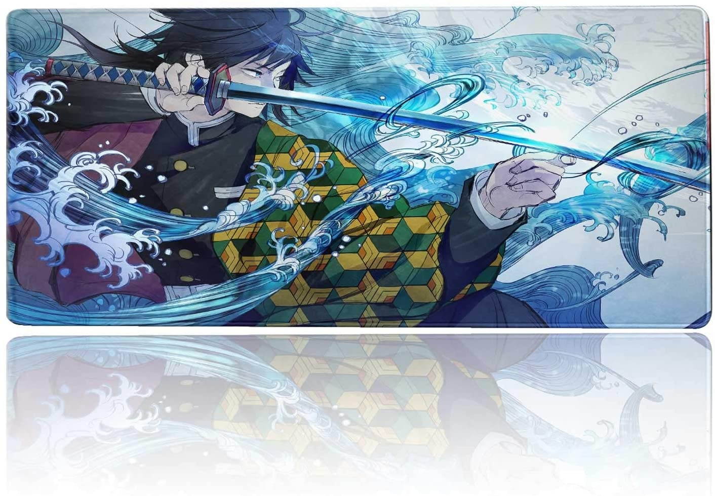 Gaming Mouse Pad Anime Demon Slayer Giyu Tomioka Katana,Laptop Desk Pad,Mousepad with Stitched Edge Frame & Non-Slip Rubber Base,Computer Keyboard and Mice Pads Mouse Mat 23.6X11.8