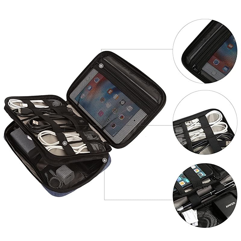Electronic Organizer DoubleLayer Travel Cable Organizer Electronics Accessories Cases for Cables iPhone Kindle USB Blue