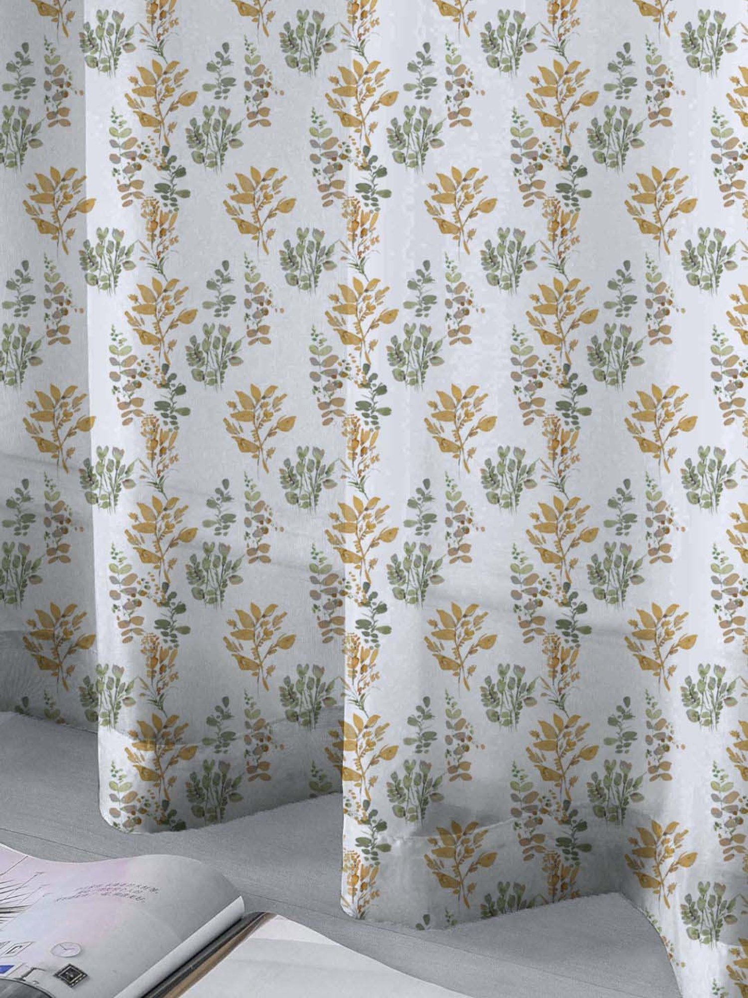 Urban Space White & Green Polyester Floral Printed Sheer Window Curtain - Set of 2