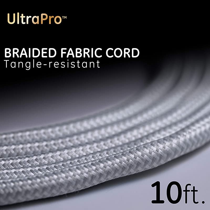 2 Outlet 2 USB Sur Protector, 12W/2.4A Total USB, 10 ft Braided Extension Cord, Flat Plug, for iPhone 11/Pro/Max/XS/XR/X/8, iPad Pro, Samsung Galaxy, Google Pixel, 250 Joules, White/Gray, 38432