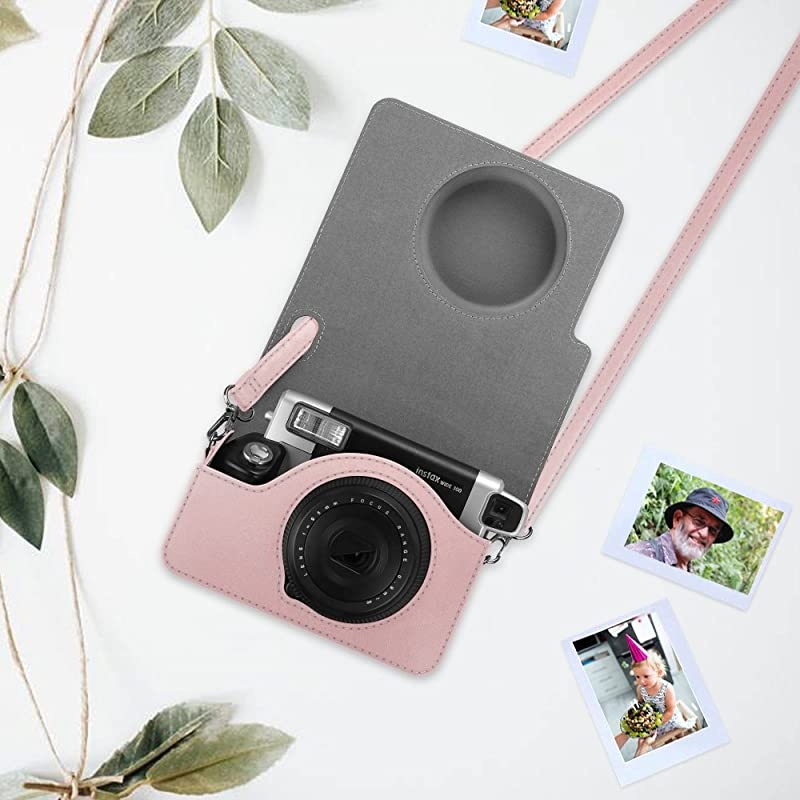 Protective Case Compatible with Fujifilm Instax Wide 300 Instant Film Camera - Premium PU Leather Protective Bag Cover w/Removable Strap, Rose Gold