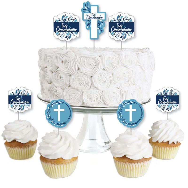 Big Dot of Happiness First Communion Blue Elegant Cross - Dessert Cupcake Toppers - Boy Religious Party Clear Treat Picks - Set of 24
