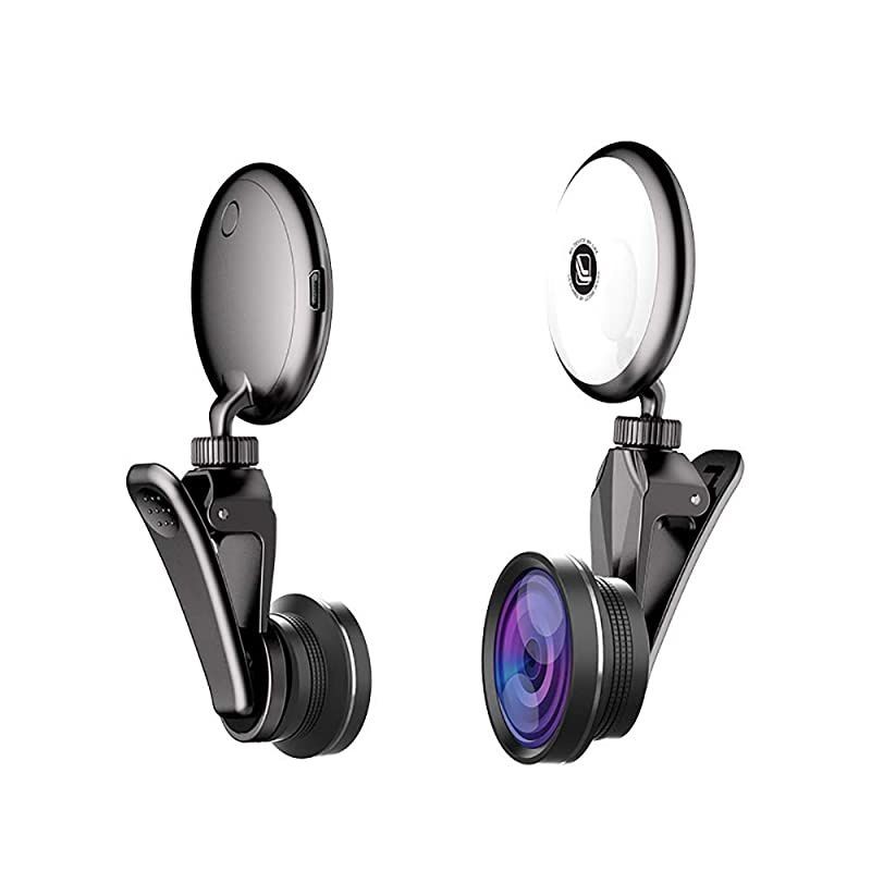 Light Ring with Mobile Camera Lens360&deg; LED Flsh Light + 4K HD Wide Angle Lens + 185&deg; Fisheye Lens + 50X Macro Lens for Phone iPad Sumsung Galaxy Photography Phones Tablet Laptop  Black