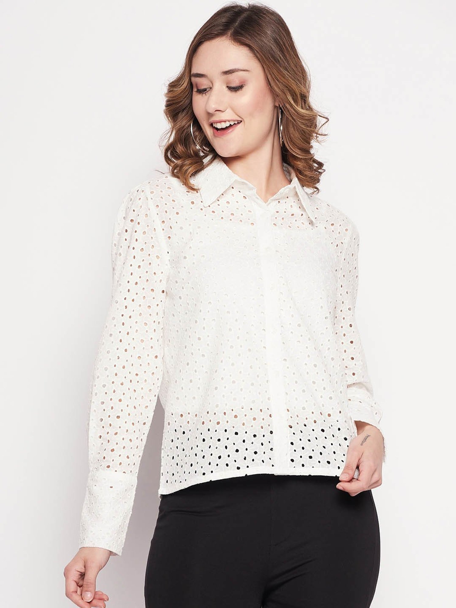 Camla by MADAME White Cotton Self Design Shirt