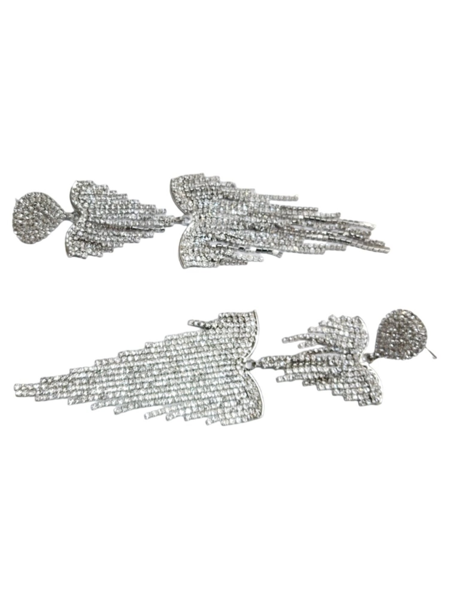 OOMPH Siver Crystal Double Heart Rainfall Tassels Statement Dangler Earrings