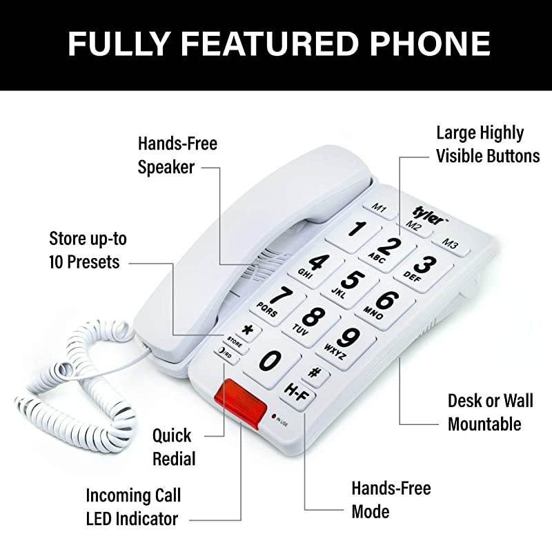 TBBP-3-WH Big Button Corded Phone with Speakerphone for Seniors and Ease of Use